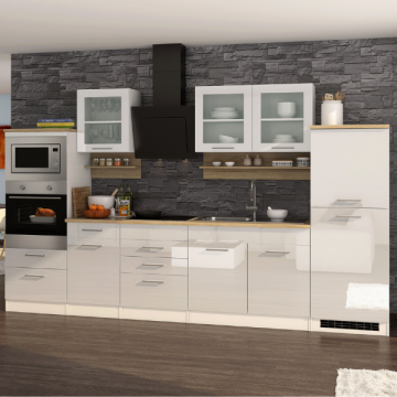 Küchenzeile Ragnar 330cm mit Platz für Backofen, Mikrowelle und Kühlschrank - hochglänzend weiß