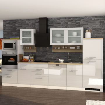 Küchenzeile Ragnar 340cm mit Platz für Backofen, Mikrowelle, Geschirrspüler und Kühlschrank - hochglänzend weiß