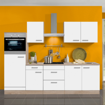Küchenzeile Bitstrot mit Platz für Kühl-/Gefrierschrank, Backofen und Cerankochfeld - weiß/heller Eiche