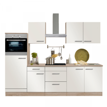 Küchenzeile Bitstrot mit Platz für Kühlschrank mit Gefrierfach, Backofen und Cerankochfeld - weiß/heller Eiche 