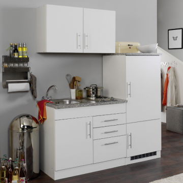 Küchenzeile Toto 160cm mit Kochfeld und Kühlschrank - weiß/marmoriert