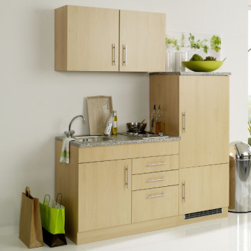 Küchenzeile Toto 160cm mit Kochfeld und Kühlschrank - Buche/Marmor