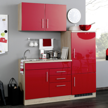 Küchenzeile Toto 160cm mit Kochfeld und Kühlschrank - Hochglanz rot