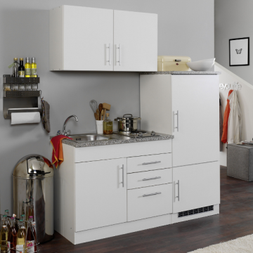 Küchenzeile Toto 160cm mit Kochfeld und Kühlschrank - weiß/marmoriert