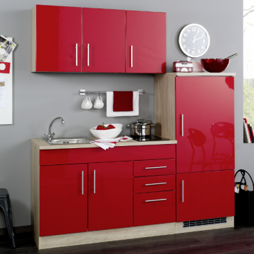 Küchenzeile Toto 180cm mit Kochfeld und Kühlschrank - Hochglanz rot