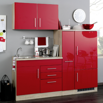 Küchenzeile Toto 190cm mit Kochfeld und Kühlschrank - Hochglanz rot