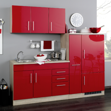Küchenzeile Toronto | Oberschrank, Spüle, Kochfeld, Einbaukühlschrank | Rot