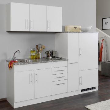 Küchenzeile Toto 210cm mit Kochfeld und Kühlschrank - weiß/marmoriert