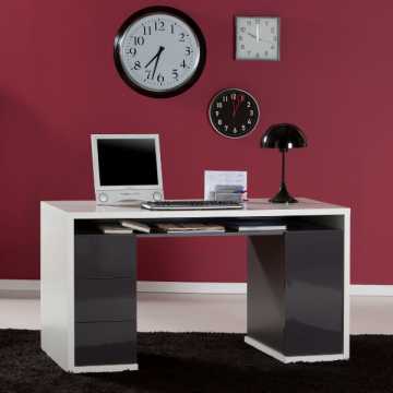 Schreibtisch Monique mit drei Schubladen und Schrank - Hochglanz grau / Hochglanz weiß