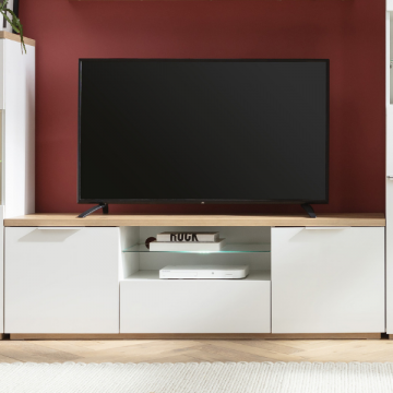 TV-Schrank Maki 160cm mit drei Türen - Eiche-Dekor/Hochglanz-weiß