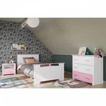 Kinderzimmer Biotiful: Bett 90x200, Nachttisch, Kommode - weiß/rosa