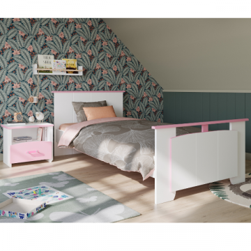 Kinderzimmer Biotiful: Bett 90x200, Nachttisch - weiß/rosa