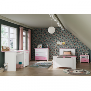 Kinderzimmer Biotiful: Schreibtisch, Bett 90x200, Nachttisch, Kommode - weiß/rosa