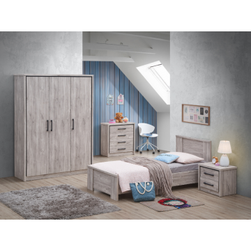 Einzelzimmer Sela: Bett 90x200cm, Nachttisch, Kleiderschrank, Kommode - Eiche grau