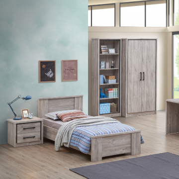 Jugendzimmer Sela: Bett 90x200cm, Nachttisch, Bücherregal, Kleiderschrank - Eiche grau