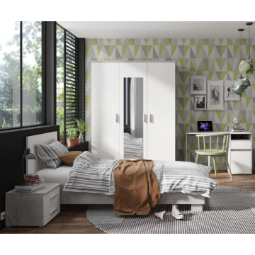 Jugendzimmer Soma: Bett 90x200, Nachttisch, Kleiderschrank, Schreibtisch - Weiß/Betonoptik