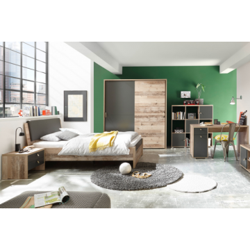 Jugendzimmer Moleskin: Bett 140x200, Kleiderschrank, Nachttisch, Bücherregal, Schreibtisch