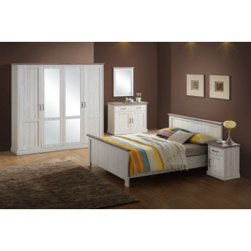 Schlafzimmer Emily: Bett 160x200cm, Nachttisch, Kommode, Spiegel, Kleiderschrank - Eiche grau