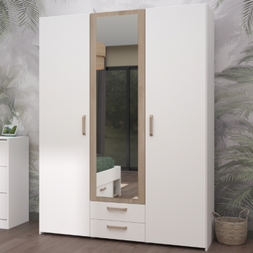 Kleiderschrank Sueno 150cm mit drei Türen, zwei Schubladen und Spiegel - weiß/Eiche Dekor