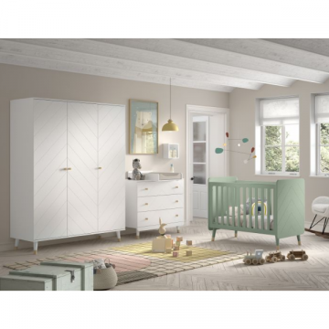 Schlafzimmerset Billy - Kommode, Färberregal, dreitüriger Kleiderschrank und Babybett - Weiß/Grün
