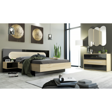 Schlafzimmer Avalon: Bett 160x200, Nachttisch, Kommode, Spiegel - Eiche/Hochglanz schwarz