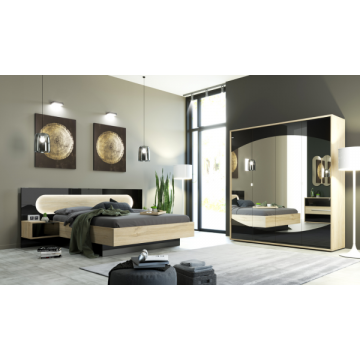 Schlafzimmer Avalon: Bett 160x200, Nachttisch, Kleiderschrank - Eiche/Hochglanz schwarz