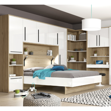 Schlafzimmer Moloko: Bett 140x190, Kopfteil, Eckkleiderschrank, Bücherregal - Hochglanz weiß/Eiche