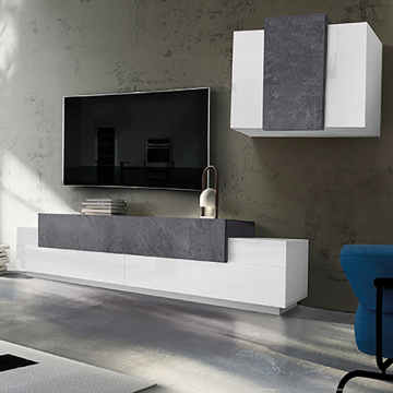 TV Möbel-Set Porro | TV Schrank und Hängeelement | High Gloss White & Report Design