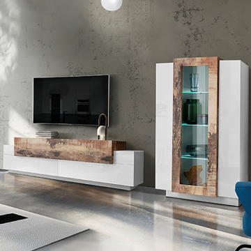 TV-Möbel-Set Porro | TV-Schrank und Vitrine | High Gloss White & Maple Pereira Design