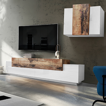 TV-Möbelset Porro | TV Schrank und Hängeelement | High Gloss White & Maple Pereira Design