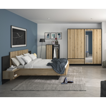 Schlafzimmer Marzano: Bett 140x190cm, zwei Kleiderschränke - Eiche Dekor/schwarz