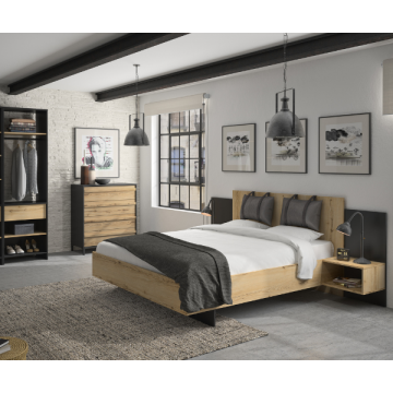 Schlafzimmer Marzano: Bett 160x200cm, Kommode, Kleiderschrank - Eiche Dekor/schwarz