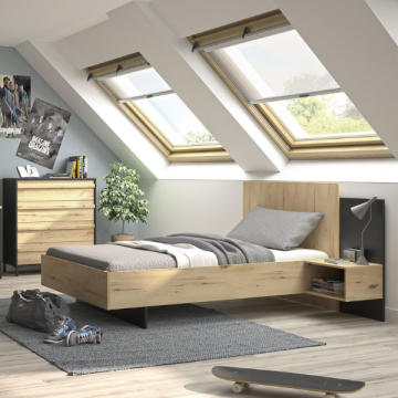 Schlafzimmer Marzano: Queensize-Bett 120x200cm und Kommode - Eiche Dekor/schwarz