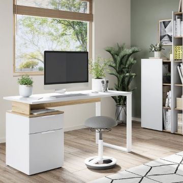 Büro-Set Yannai | Schreibtisch mit Ablage, Aktenschrank | Oak White Design