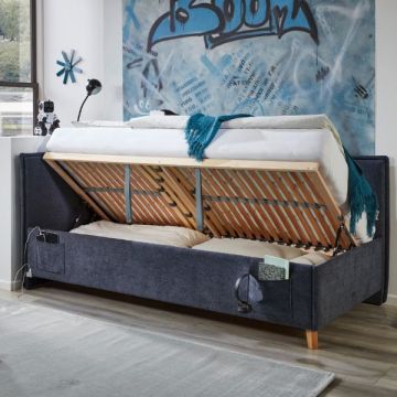 Kofferbett Ollie | Mit Rückenlehne | 140 x 200 cm | marineblaues Design