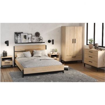 Schlafzimmerset Craig | Doppelbett, Nachttisch, Kleiderschrank, Kommode | Oak Matte Black