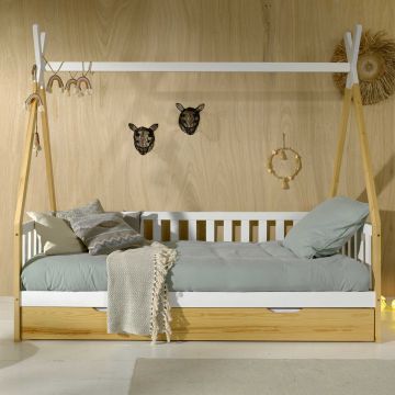 Tipi-Bett 90 x 200cm mit Reling und Bettkasten Massivholz - Kieferholz/weiß