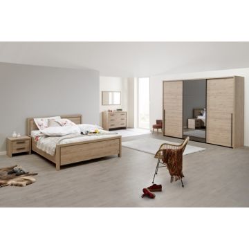 Schlafzimmer Lavio: Bett 160x200, Nachttisch, Kommode, Kleiderschrank 253cm - Eiche