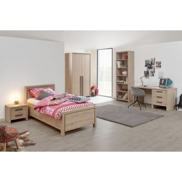 Kinderzimmer Lavio: Bett 90x200cm, Nachttisch, Kleiderschrank, Bücherregal, Schreibtisch - Eichendekor