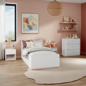 Kinderzimmer Reverso: Bett 90x190/200 mit Schubladen, Nachttisch, Kommode - weiß/rosa