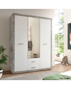 Storck Kleiderschrank 151cm mit 3 Türen und 2 Schubladen und Spiegel - Beton/Weiß 