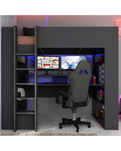 Hochbett Raven 90x200 cm mit Schreibtisch und LED-Beleuchtung - dunkelgrau