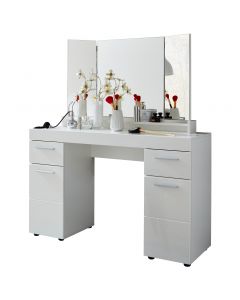 Schreibtisch und Schminktisch Amanda mit Spiegel | 120 x 41 x 141 cm | Melaminbeschichtet | High Glossy White